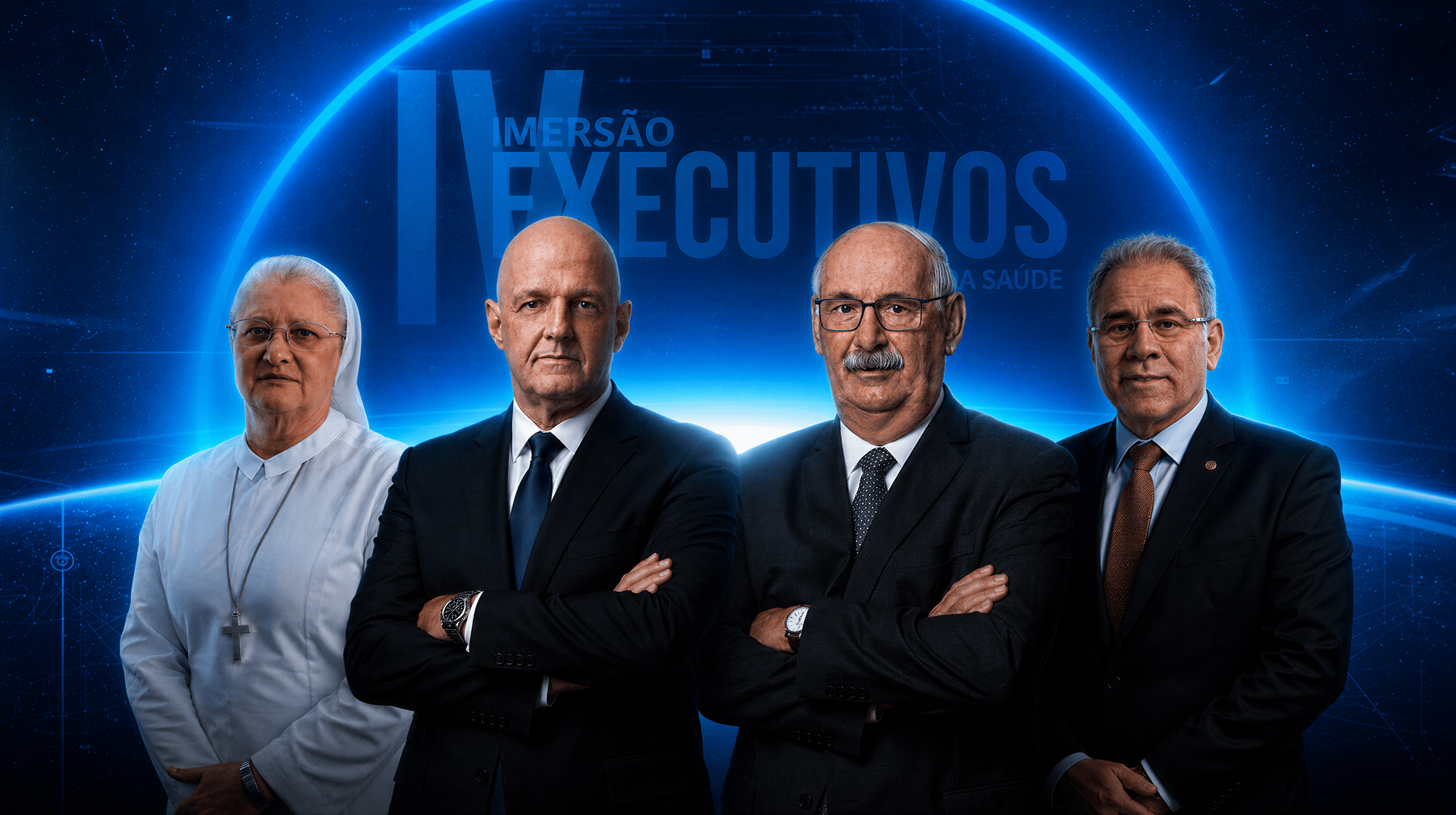 Quatro mentores da Imersão Executivos da Saúde, lado a lado, sobre fundo azul-noite com o logotipo 'Imersão Executivos da Saúde' e glow