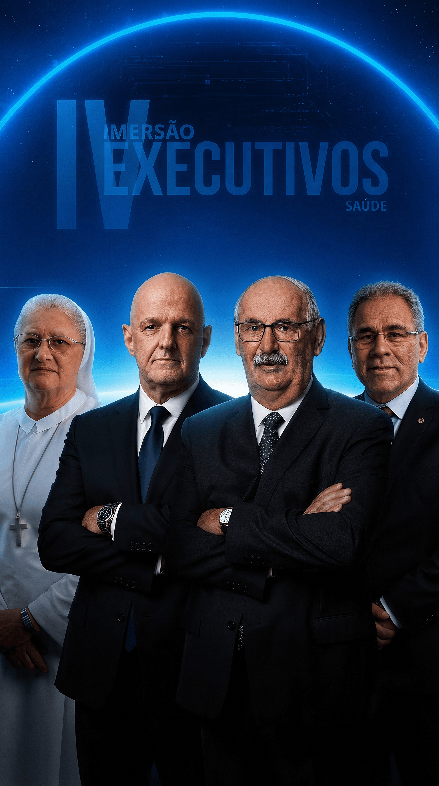 Quatro mentores da Imersão Executivos da Saúde, lado a lado, sobre fundo azul-noite com o logotipo 'IV Imersão Executivos Saúde' e glow — recorte vertical